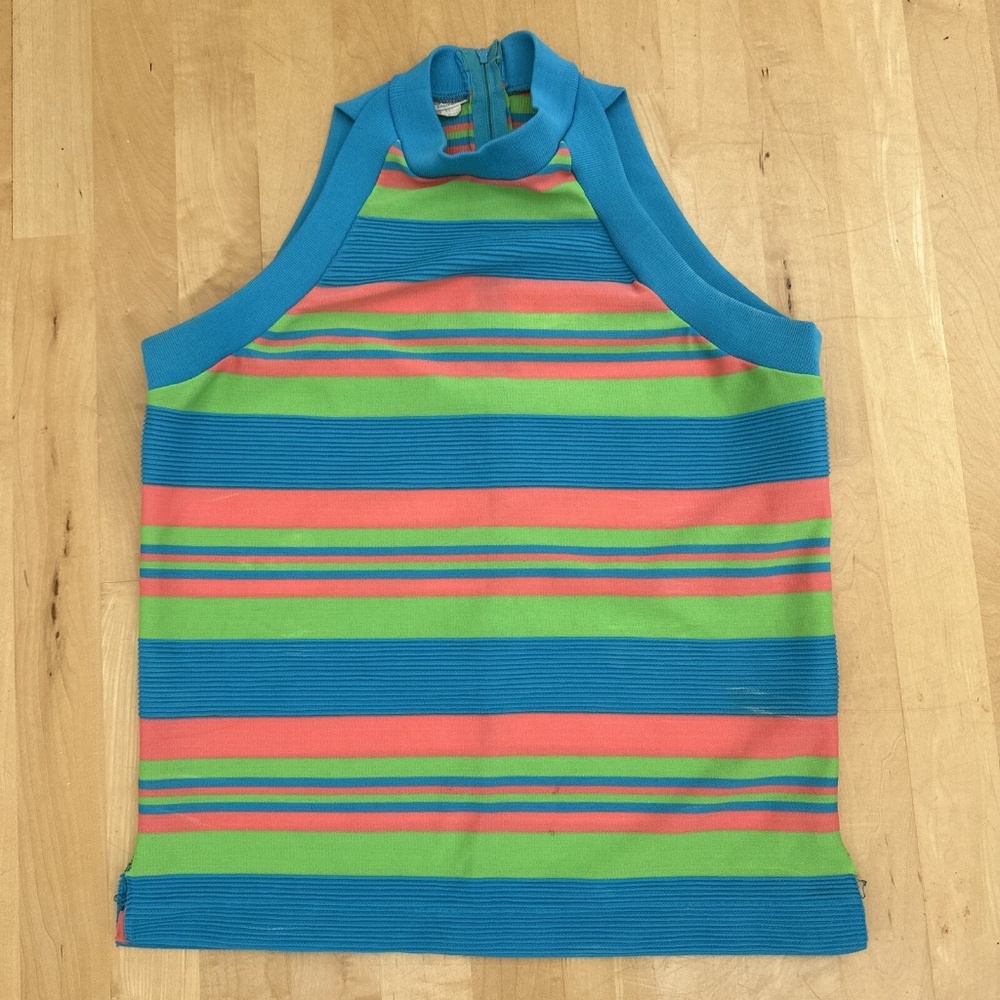 VINTAGE 60s SLEEVELESS TOP SHERBERT STRIPES SIDE SLITS BACK ZIP POLY SZ MED